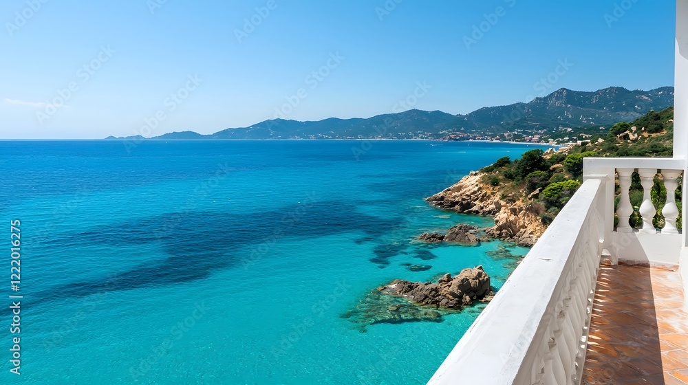 Elegant Mediterranean style villa with an expansive balcony overlooking a calm turquoise sea in a serene coastal landscape This luxurious vacation property offers a picturesque and peaceful escape Elegant Mediterranean style villa with an expansive balcony overlooking a calm turquoise sea in a serene coastal landscape This luxurious vacation property offers a picturesque and peaceful escape