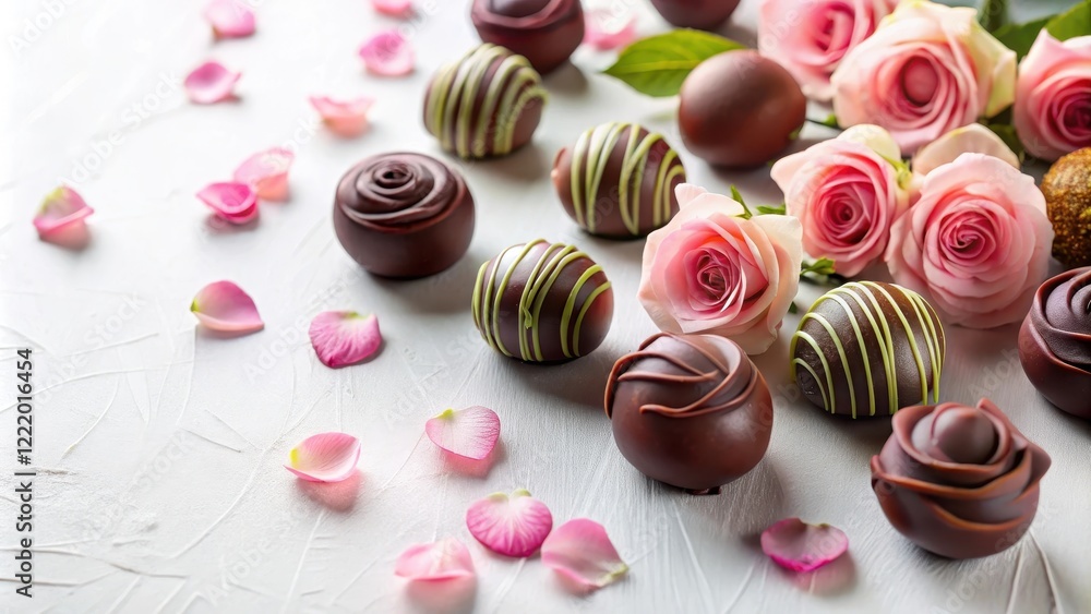 Obraz premium Delightful assortment of artisan chocolates and delicate rose petals