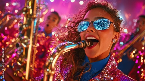 Futuristic Marching Band Performance Urban Festival Event Media Vibrant Atmosphere Close-Up Holographic Instruments Showcase