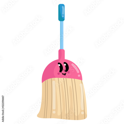 a pink broom with a blue handle