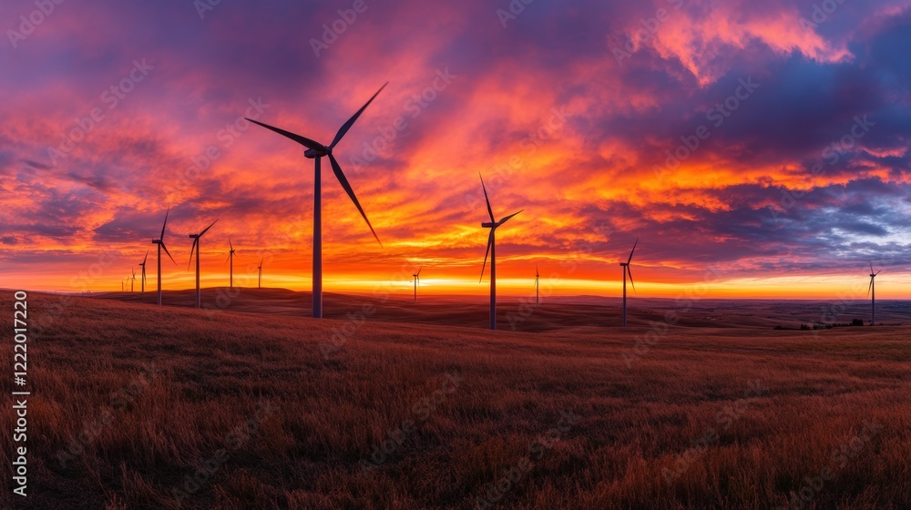 Obraz premium Wind farm during sunset, turbines spinning gracefully against an orange and purple sky