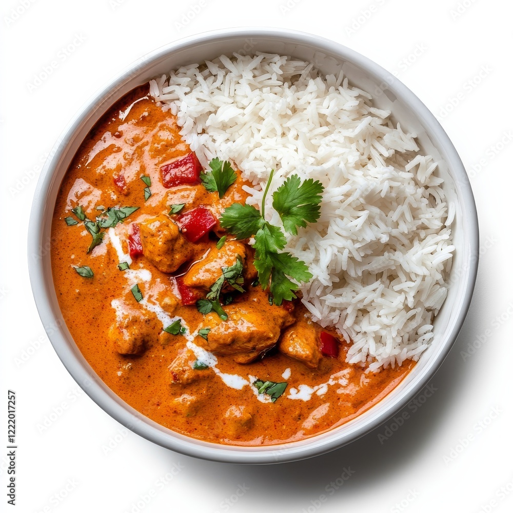 A bowl of creamy chicken tikka masala with basmati rice, isolated white background, modern art style A bowl of creamy chicken tikka masala with basmati rice, isolated white background, modern art style