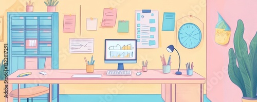 A colorful, modern workspace featuring a desk, computer, plants, and organized wall decor, creating an inviting and productive atmosphere.