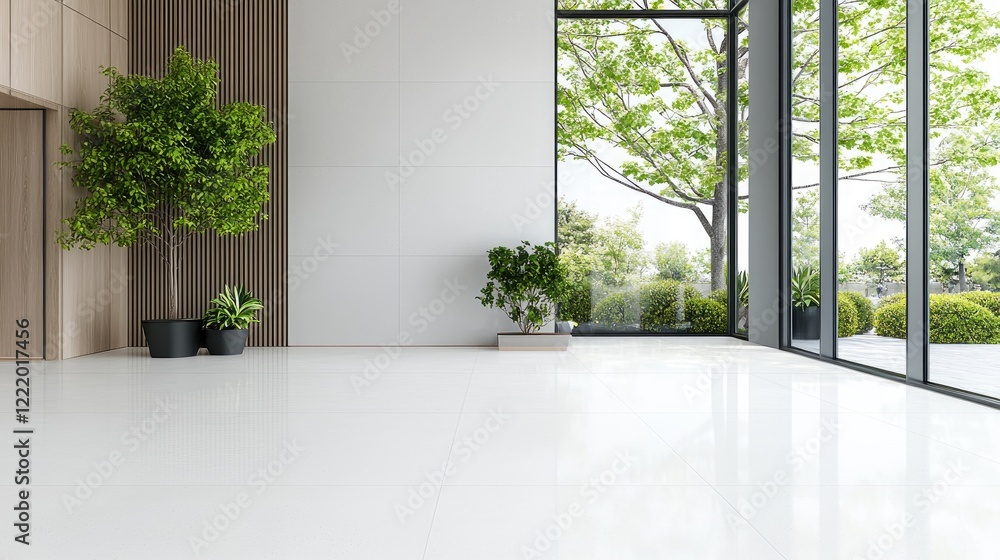Fototapeta premium Empty modern room with white floor and potted plants features large windows overlooking a green garden during the day.
