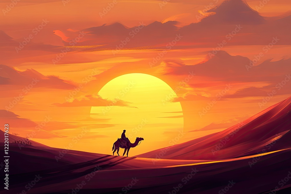 A lone camel rider journeys across desert dunes at sunset A lone camel rider journeys across desert dunes at sunset