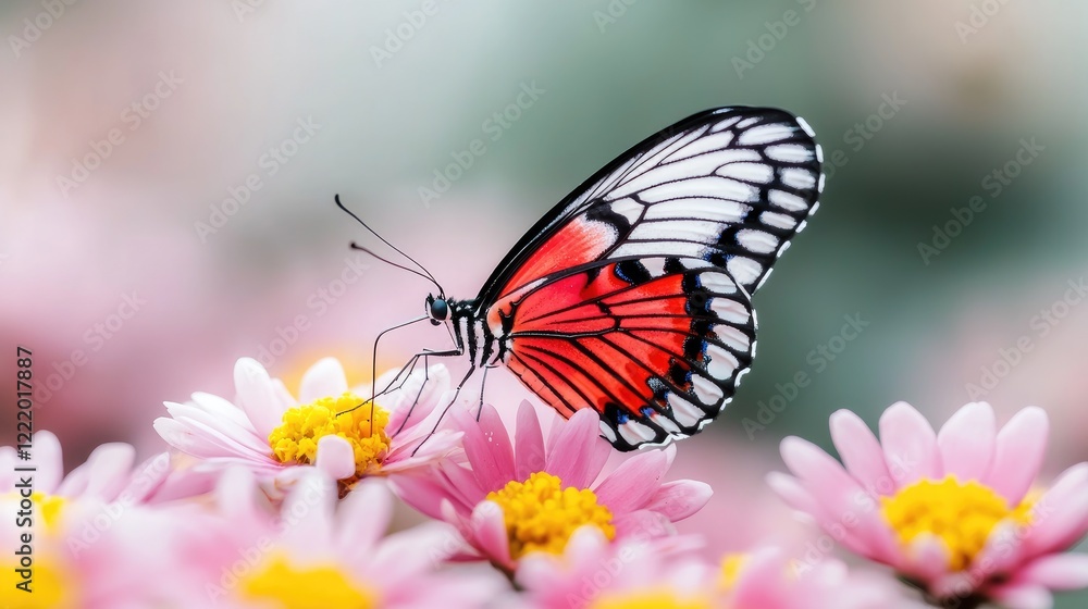 Red butterfly on pink flowers in garden; nature background; spring scene; ideal for greeting cards Red butterfly on pink flowers in garden; nature background; spring scene; ideal for greeting cards