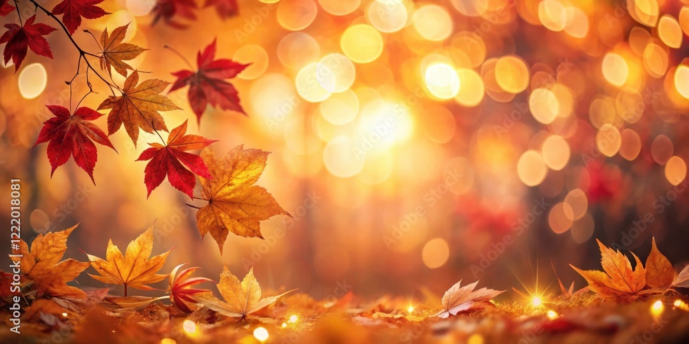 Fototapeta premium Autumnal Scene Golden and Red Maple Leaves with a Soft Bokeh Background