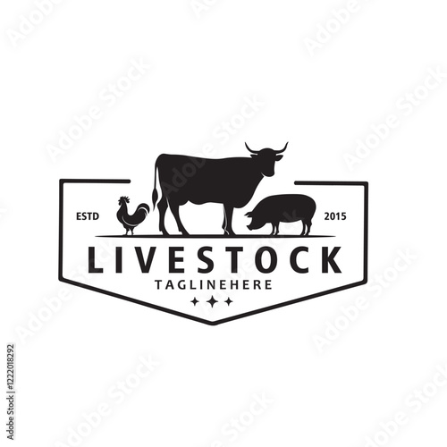 Livestock Farm Cattle pig chicken Vintage Badge Logo Vector Design Silhouette