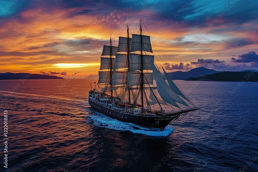 Obraz premium Majestic Tall Ship Sailing at Sunset Over Ocean Waters