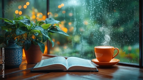 Rainy day, coffee, book, plants, window, cozy, reading, home, relaxation, comfort