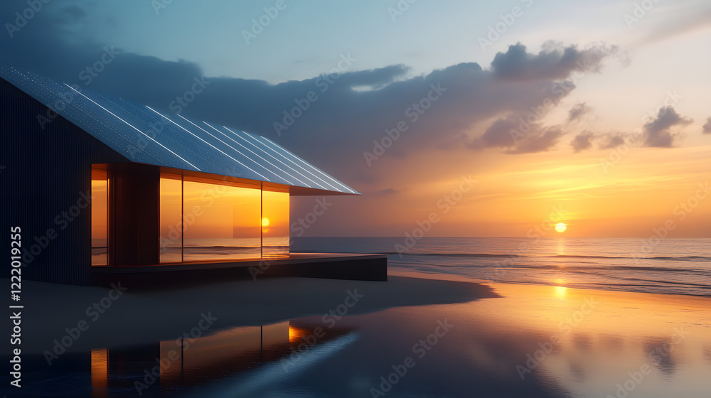 Obraz premium A minimalist beach house with solar panels reflecting the light of the setting sun over the ocean.