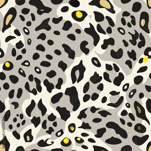 Snow Leopard Seamless Pattern in White, Gray, and Soft Black Spots