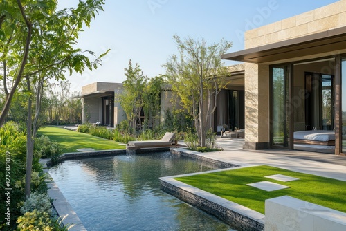 A spa retreat surrounded by soft neutral tones, manicured lawns, and tranquil water features