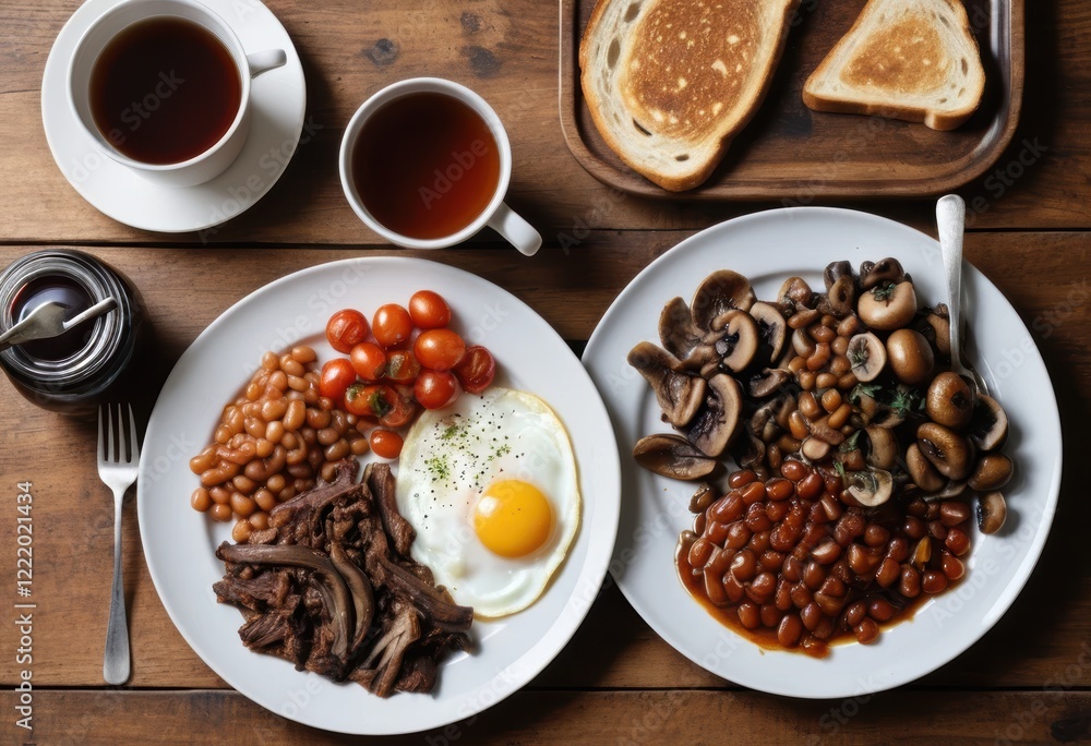 A Delicious and Hearty Full English Breakfast with Fried Egg, Beans, Mushrooms, and Toast A Delicious and Hearty Full English Breakfast with Fried Egg, Beans, Mushrooms, and Toast