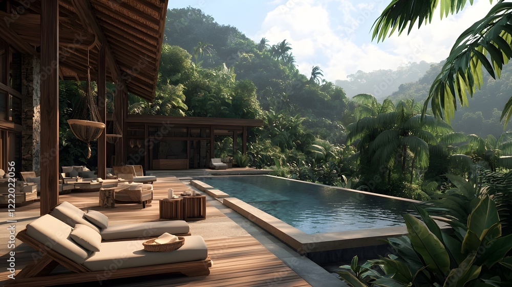 Fototapeta premium Luxurious jungle resort featuring hanging hammocks outdoor spa areas and stunning views of the surrounding lush tropical landscape A tranquil and secluded oasis for relaxation and wellness