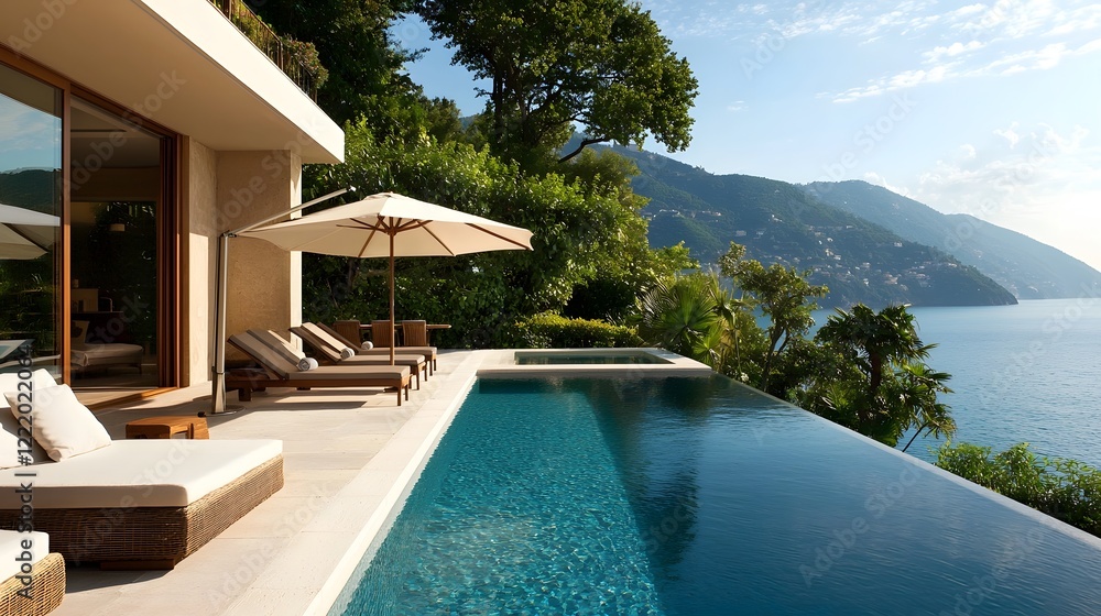 Fototapeta premium Luxurious Mediterranean Coastal Villa with Infinity Pool and Lush Verdant Gardens Offering Panoramic Views and Serene Ambiance for a Peaceful Vacation Retreat