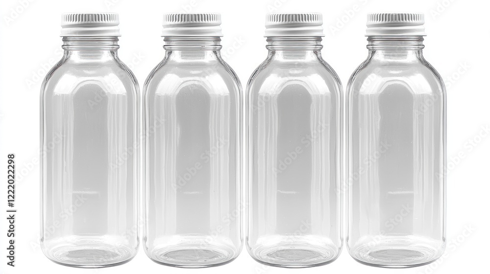 Four empty glass bottles, white caps, studio shot, product display Four empty glass bottles, white caps, studio shot, product display