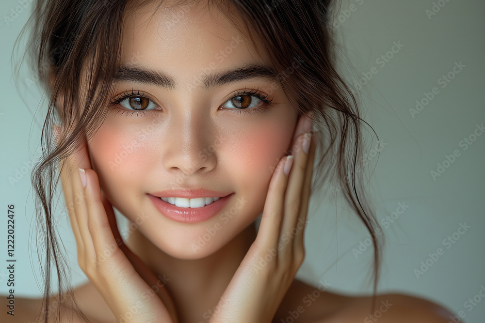 Smiling Asian Woman with Radiant Skin Touching Her Face Against a Light Blue Background, Perfect Portrait for Skincare Product Campaigns Smiling Asian Woman with Radiant Skin Touching Her Face Against a Light Blue Background, Perfect Portrait for Skincare Product Campaigns
