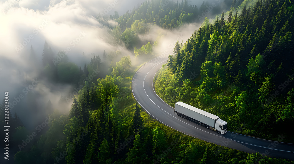 Fototapeta premium Truck Driving on Winding Road Through Lush Forest and Misty Landscape