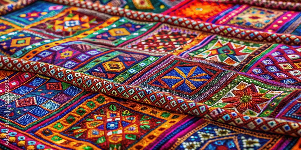 Vibrant Patchwork Textile with Intricate Geometric Designs and Colorful Embroidery Vibrant Patchwork Textile with Intricate Geometric Designs and Colorful Embroidery