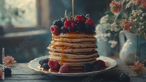 Mouthwatering stack of fluffy golden brown organic pancakes topped with an array of fresh juicy berries and a delicate drizzle of rich amber hued maple syrup  The inviting scene is set against a cozy photo