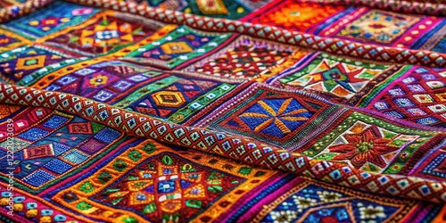 Vibrant Patchwork Textile with Intricate Geometric Designs and Colorful Embroidery