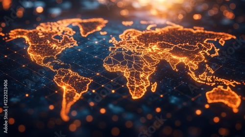 Futuristic glowing orange world map with interconnected networks, representing global technology, data exchange, and digital innovation in modern communication systems.