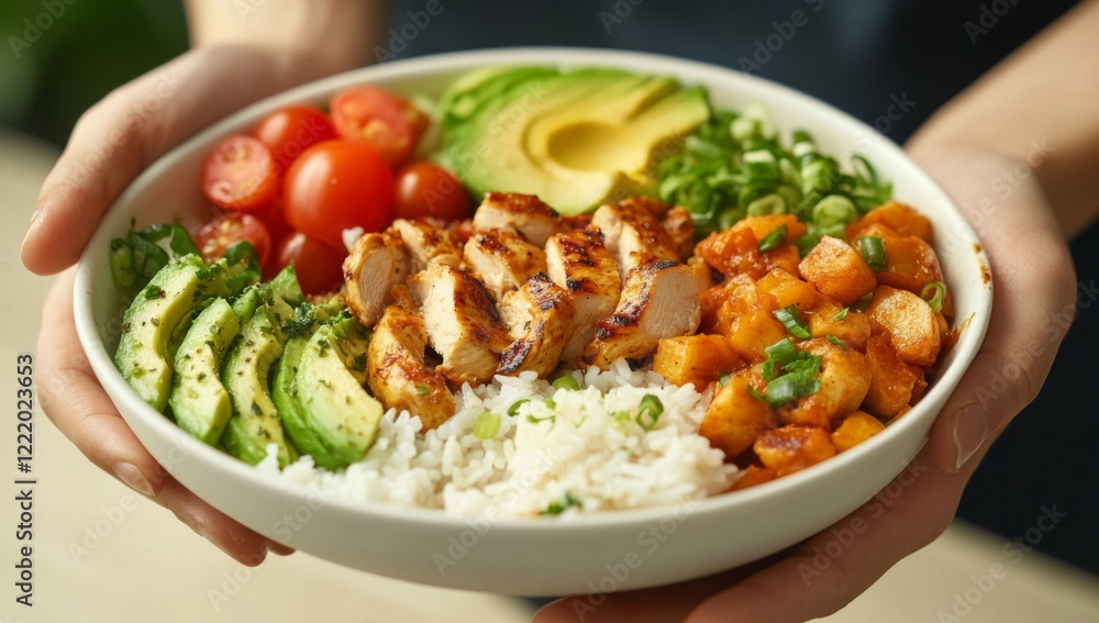 close-up photo of person holding healthy bowl with rice, chicken, avocado and vegetables close-up photo of person holding healthy bowl with rice, chicken, avocado and vegetables