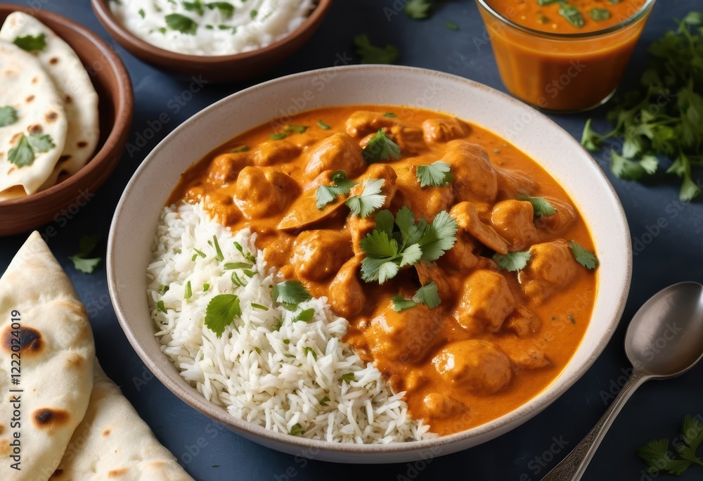 Delicious Indian Butter Chicken Curry with Rice and Naan Bread Delicious Indian Butter Chicken Curry with Rice and Naan Bread