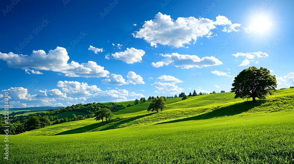 Fototapeta premium Expansive Green Landscape Under Bright Blue Sky with Fluffy Clouds