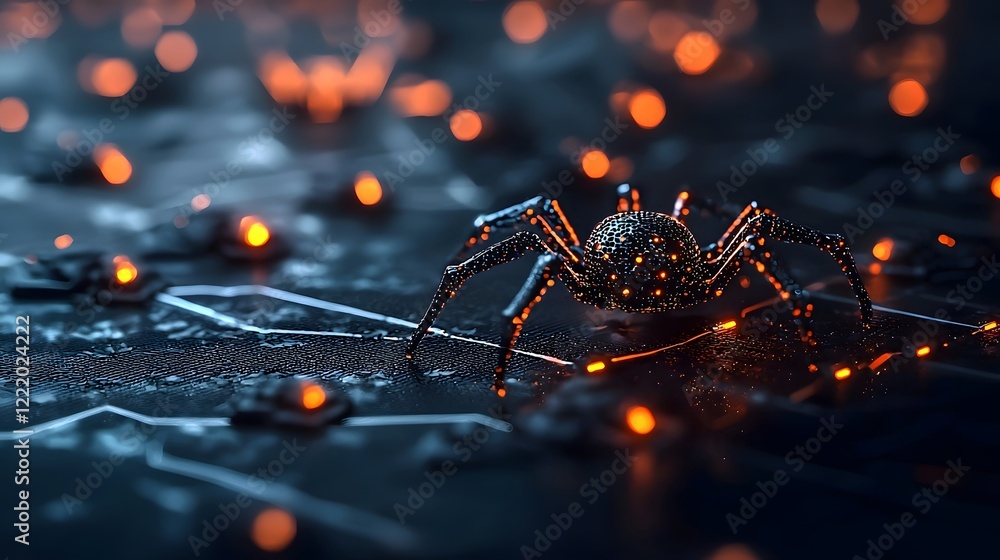 Powerful endpoint security spider with its ominous black exoskeleton and glowing eyes guarding an intricate glowing neural defense web a 3D of an advanced cyber protection system Powerful endpoint security spider with its ominous black exoskeleton and glowing eyes guarding an intricate glowing neural defense web a 3D of an advanced cyber protection system