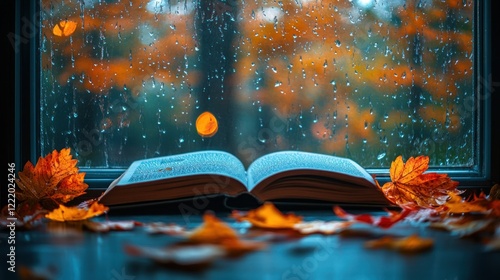 Rainy autumn day, open book on windowsill, fall leaves