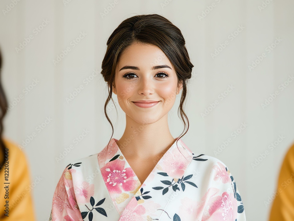 Woman wearing a flower print robe standing against a neutral background Woman wearing a flower print robe standing against a neutral background