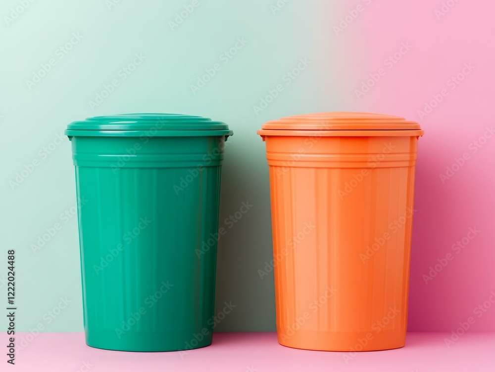 Two colorful plastic cups on a pink and green background for creative design concepts Two colorful plastic cups on a pink and green background for creative design concepts