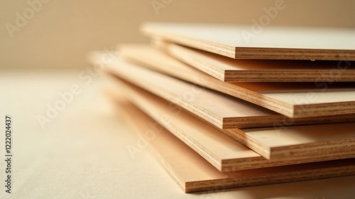 Close-up view of neatly stacked wood sheets, showcasing the layered texture and natural grain of the material