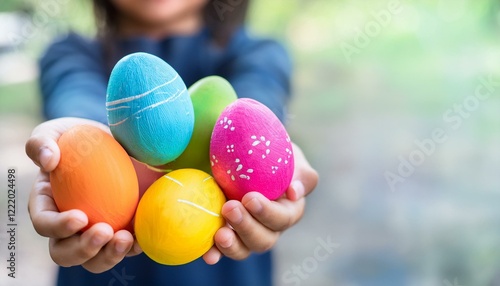 Child's hands holding brightly colored Easter eggs. These painted eggs symbolize the joy and celebration of the holiday. They are perfect for a springtime theme or a celebration of life. photo