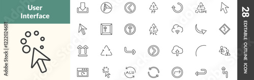 outline user interface icons set. editable linear big download arrow, navigation arrows, round left button, and other 25 icons in this category isolated on transparent background.