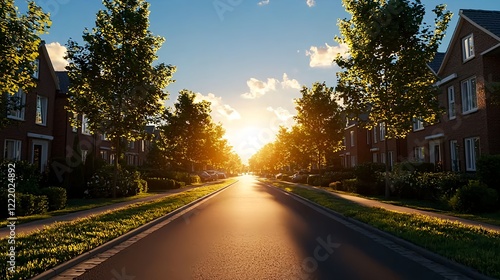 Serene Neighborhood Street at Sunset with Warm Glowing Light