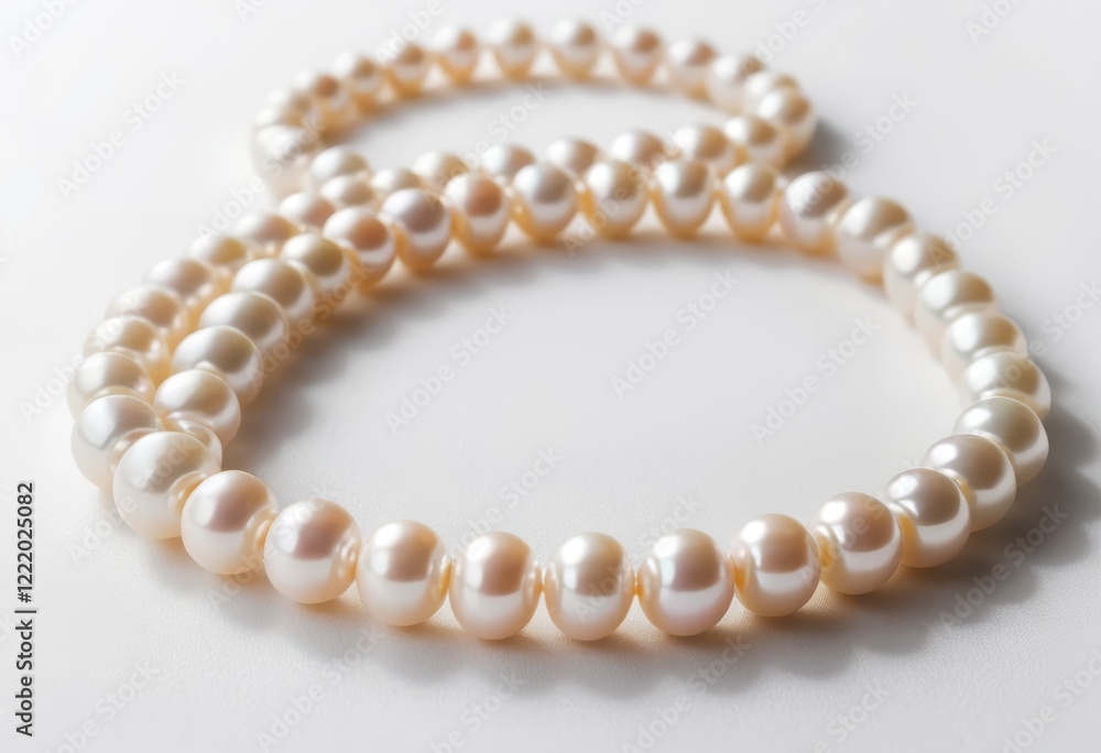 Elegant Cream Pearl Necklace on White Background, Close-up Photography Elegant Cream Pearl Necklace on White Background, Close-up Photography