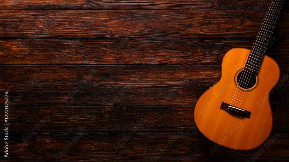 Fototapeta premium Acoustic Guitar on Wooden Background with Rustic Texture