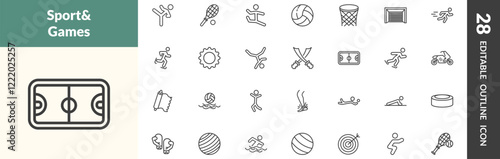 outline sport and game icons set. editable linear taekwondo, squash, dancer motion, and other 25 icons in this category isolated on transparent background.