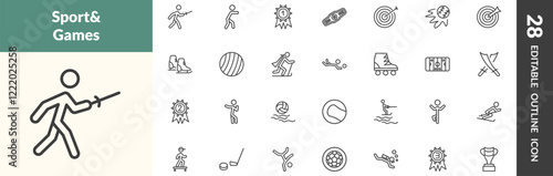 outline sport and games icons set. editable linear medieval fencing, man punching, golden medal, and other 25 icons in this category isolated on transparent background.