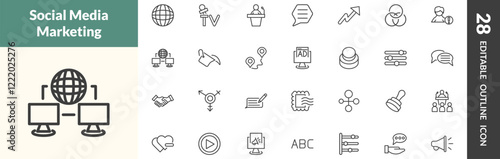 outline social media marketing icons set. editable linear net, mass media, seminar, and other 25 icons in this category isolated on transparent background.