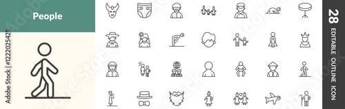 outline people and relation icons set. editable linear devil mask, baby diaper, muslim man, and other 25 icons in this category isolated on transparent background.