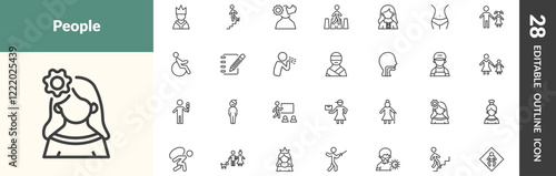 outline people and relation icons set. editable linear emperor, downstairs, psychology, and other 25 icons in this category isolated on transparent background.