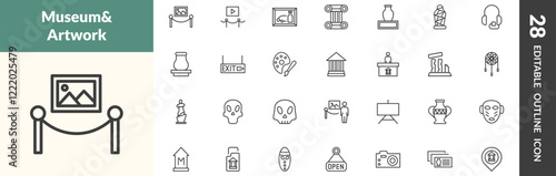 outline museum and exhibition icons set. editable linear painting, electronics, still life, and other 25 icons in this category isolated on transparent background.