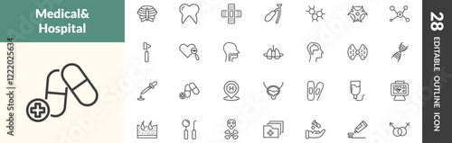 outline medical and healthcare icons set. editable linear sternum, molar tooth, sticking plaster, and other 25 icons in this category isolated on transparent background.