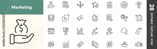 outline marketing icons set. editable linear get money, content management, diversify, and other 25 icons in this category isolated on transparent background.