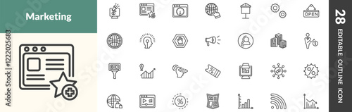 outline marketing icons set. editable linear online marketing, favorite web, velocity test, and other 25 icons in this category isolated on transparent background.