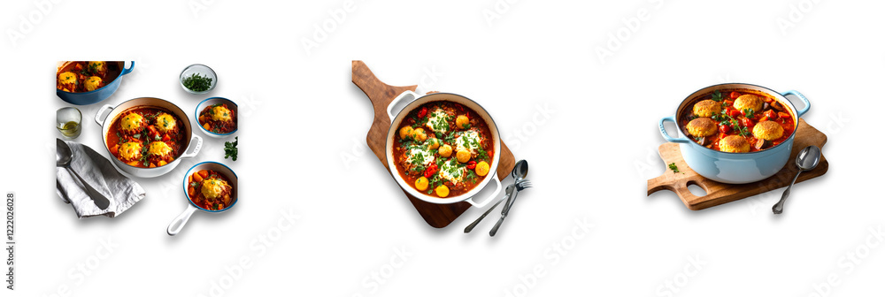 Three cooking pots with various dishes, isolated on transparent background Three cooking pots with various dishes, isolated on transparent background